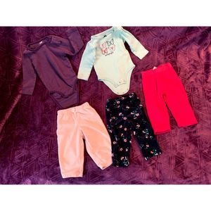 LOT of five for 9-month girl - 2 long-sleeve onesie tops and 3 long pants - warm